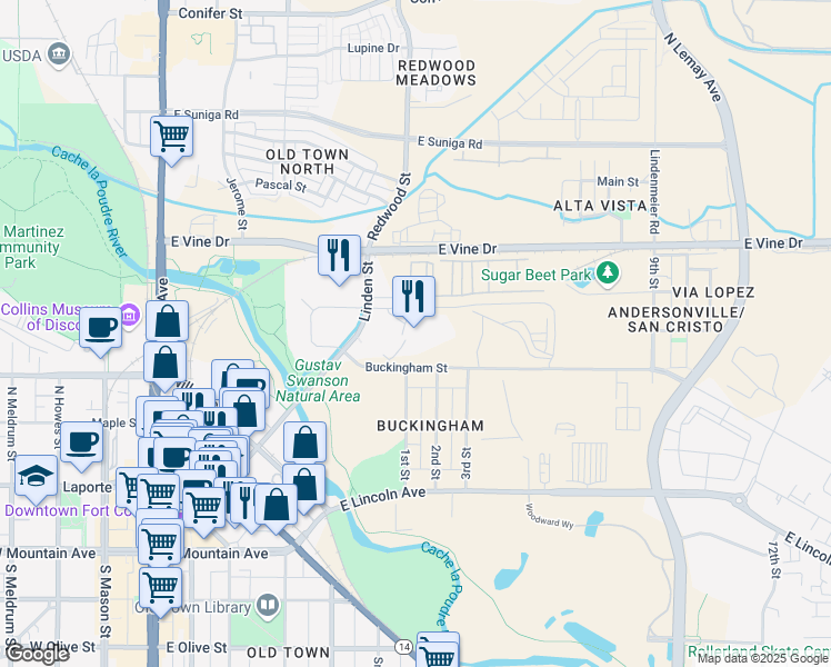 map of restaurants, bars, coffee shops, grocery stores, and more near 500 Linden Street in Fort Collins