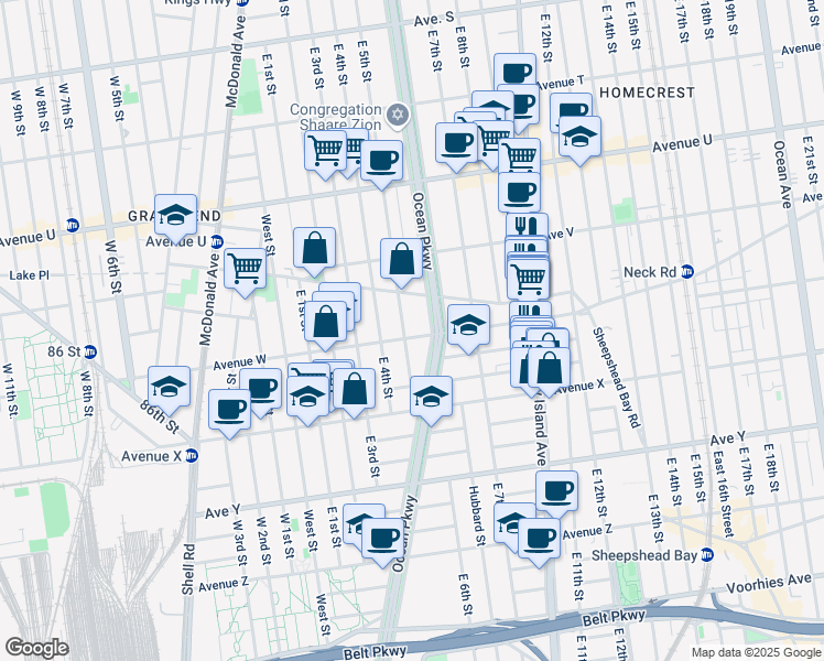 map of restaurants, bars, coffee shops, grocery stores, and more near 515 Avenue W in Brooklyn