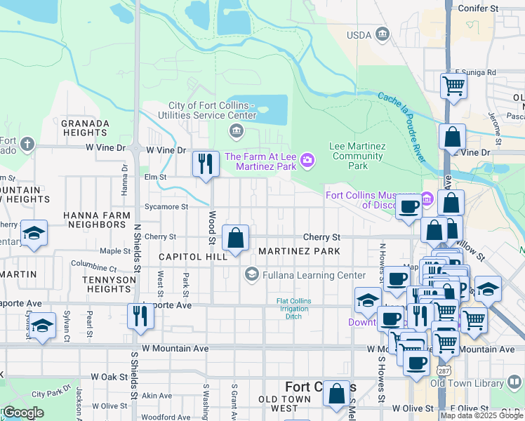 map of restaurants, bars, coffee shops, grocery stores, and more near 429 North Loomis Avenue in Fort Collins
