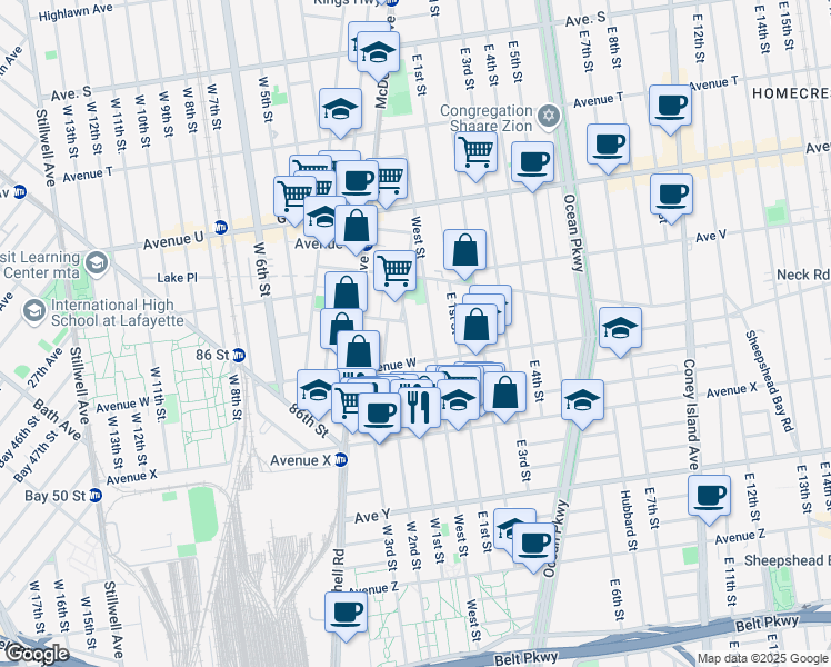map of restaurants, bars, coffee shops, grocery stores, and more near 2286 West Street in Brooklyn