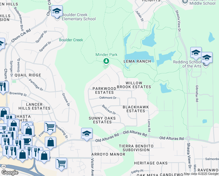 map of restaurants, bars, coffee shops, grocery stores, and more near 1928 Tiburon Drive in Redding