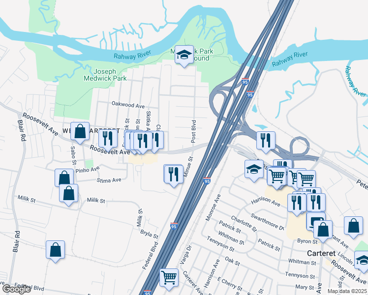 map of restaurants, bars, coffee shops, grocery stores, and more near in Carteret