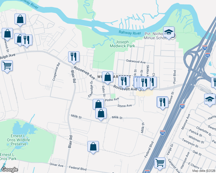 map of restaurants, bars, coffee shops, grocery stores, and more near 43 Orchard Street in Carteret