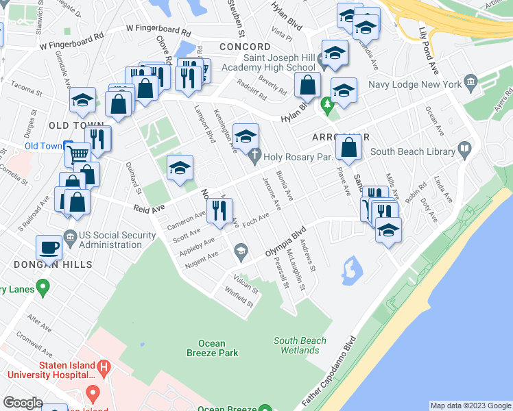 map of restaurants, bars, coffee shops, grocery stores, and more near 194 Kensington Avenue in Staten Island