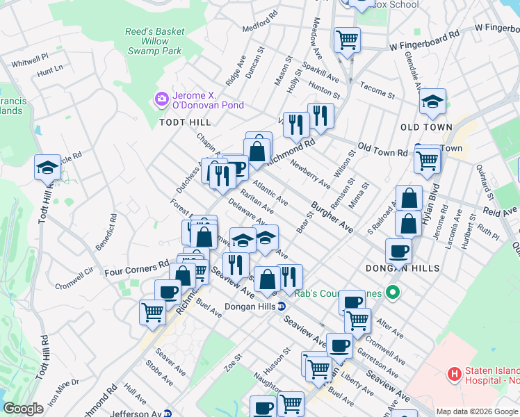 map of restaurants, bars, coffee shops, grocery stores, and more near 77 Delaware Avenue in Staten Island