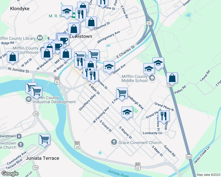 map of restaurants, bars, coffee shops, grocery stores, and more near 401-453 S Brown St in Lewistown