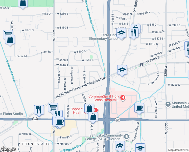 map of restaurants, bars, coffee shops, grocery stores, and more near 8705 Newell Drive in West Jordan