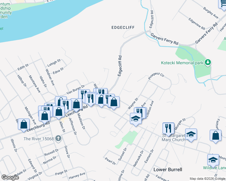 map of restaurants, bars, coffee shops, grocery stores, and more near 2841 Edgecliff Road in Lower Burrell