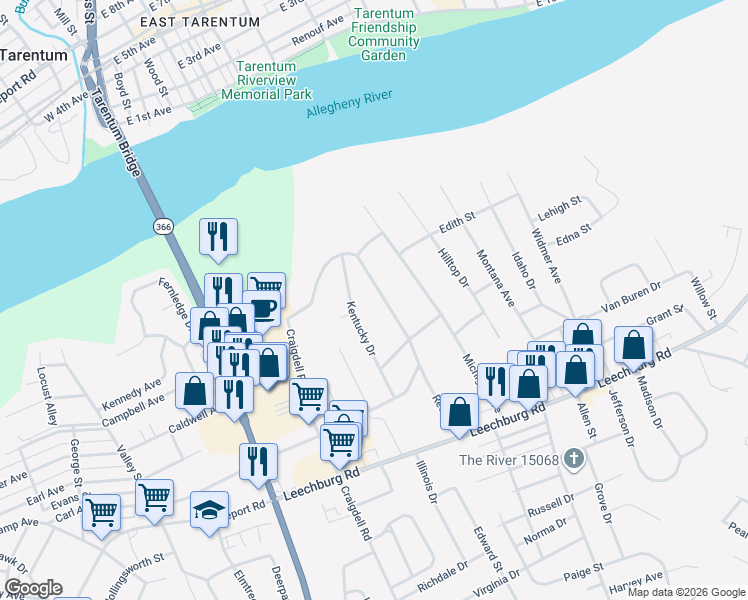 map of restaurants, bars, coffee shops, grocery stores, and more near 221 Reed Street in New Kensington