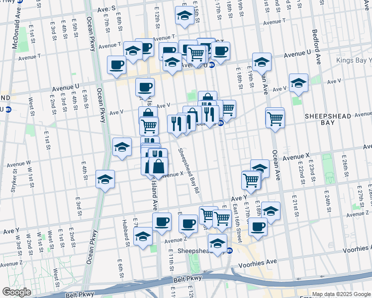 map of restaurants, bars, coffee shops, grocery stores, and more near 2340 East 13th Street in Brooklyn