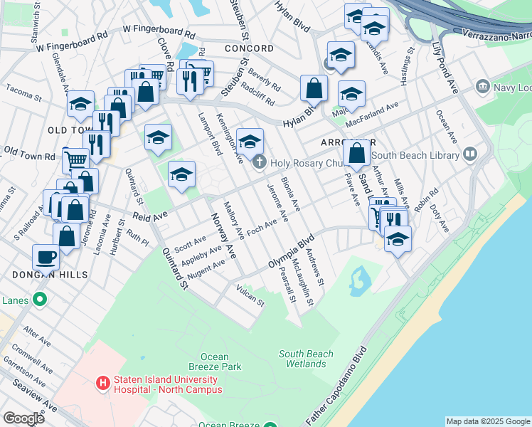 map of restaurants, bars, coffee shops, grocery stores, and more near 200 Kensington Avenue in Staten Island