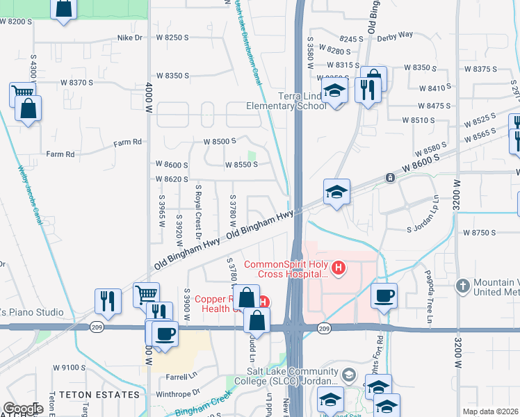 map of restaurants, bars, coffee shops, grocery stores, and more near 8705 Newell Drive in West Jordan