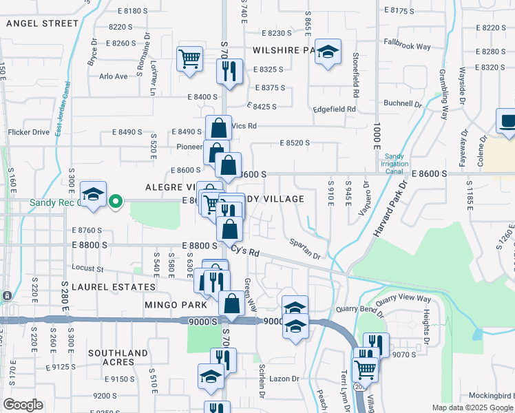 map of restaurants, bars, coffee shops, grocery stores, and more near in Sandy