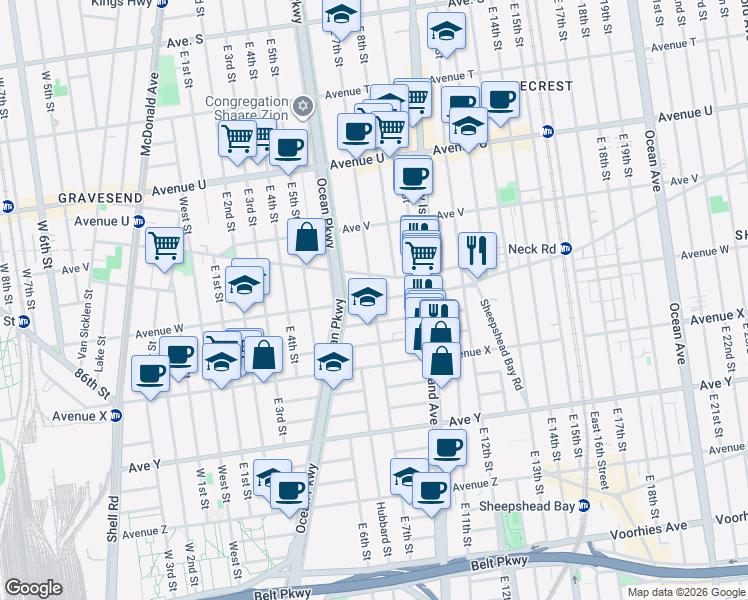 map of restaurants, bars, coffee shops, grocery stores, and more near East 7th Street & Avenue W in Brooklyn