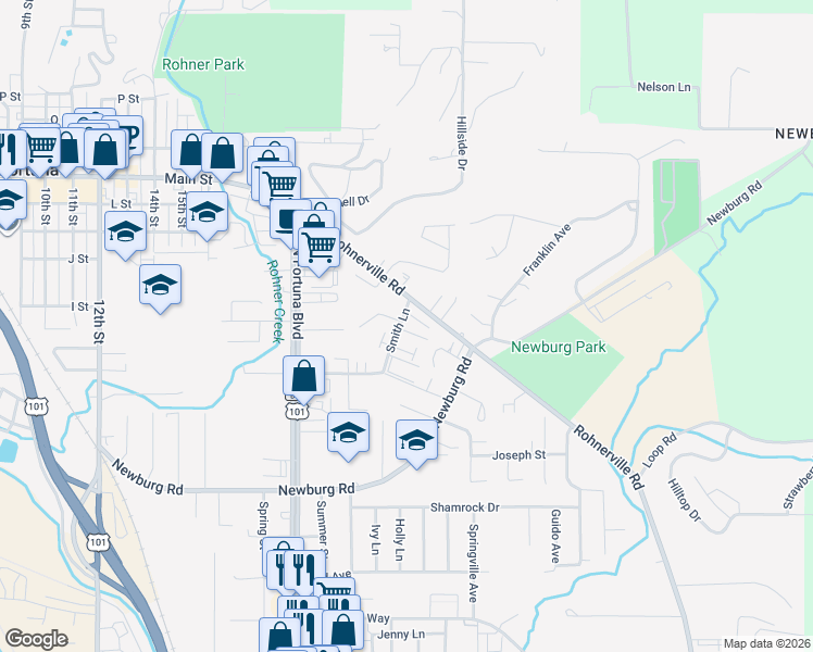 map of restaurants, bars, coffee shops, grocery stores, and more near 3032-3086 Smith Lane in Fortuna