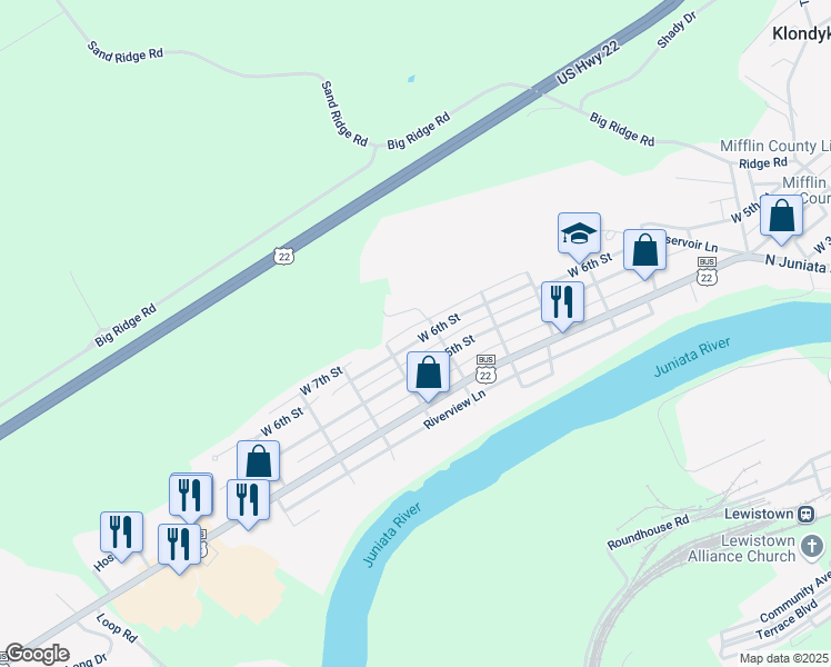 map of restaurants, bars, coffee shops, grocery stores, and more near 811 West 6th Street in Lewistown