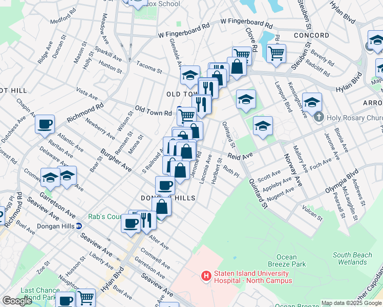 map of restaurants, bars, coffee shops, grocery stores, and more near 1428 Hylan Boulevard in Staten Island