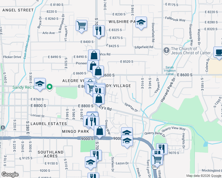 map of restaurants, bars, coffee shops, grocery stores, and more near in Sandy