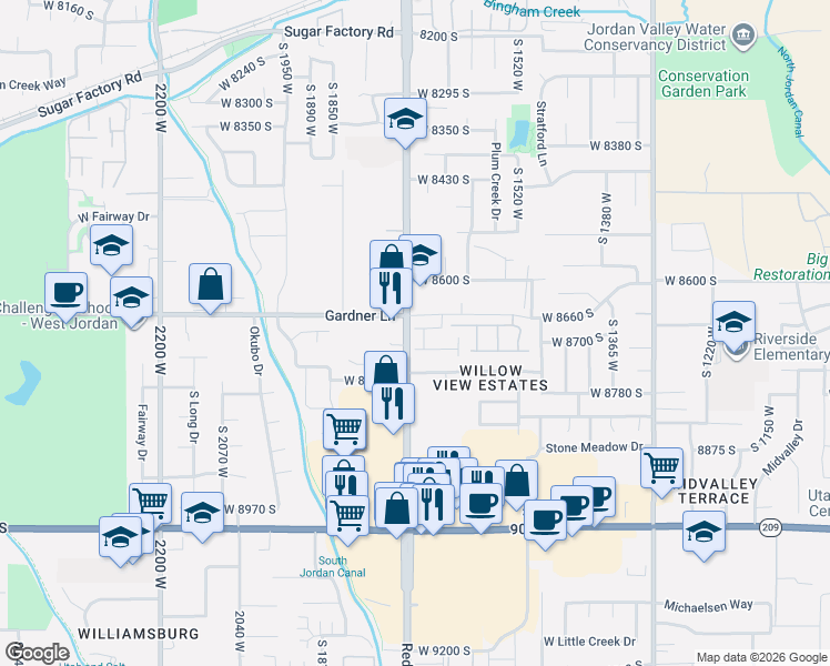 map of restaurants, bars, coffee shops, grocery stores, and more near 8718 South Redwood Road in West Jordan
