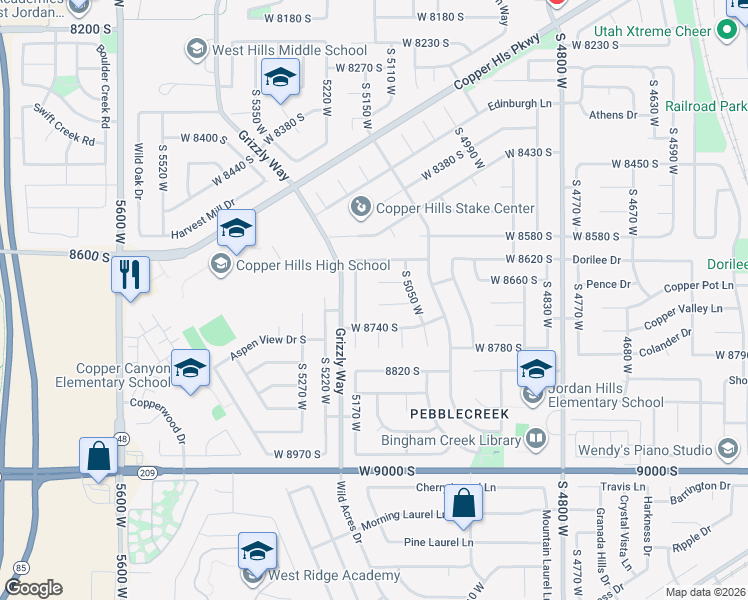 map of restaurants, bars, coffee shops, grocery stores, and more near 8717 South 5170 West in West Jordan
