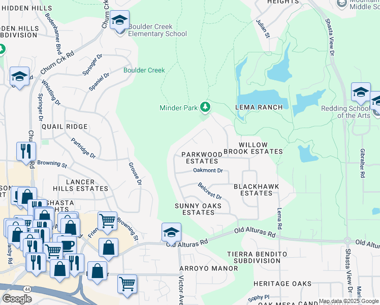 map of restaurants, bars, coffee shops, grocery stores, and more near 1851 Tiburon Drive in Redding