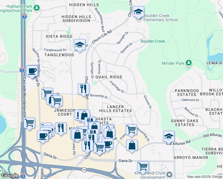 map of restaurants, bars, coffee shops, grocery stores, and more near 1005 Grouse Drive in Redding