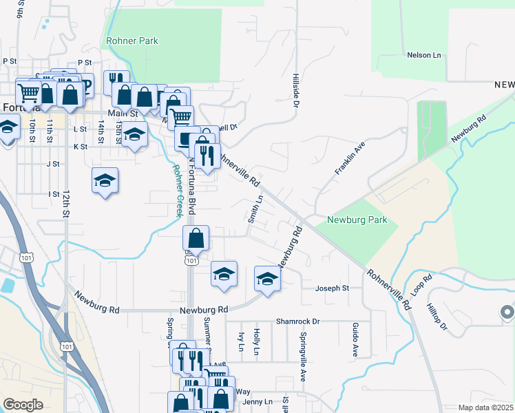 map of restaurants, bars, coffee shops, grocery stores, and more near 3032-3086 Smith Lane in Fortuna
