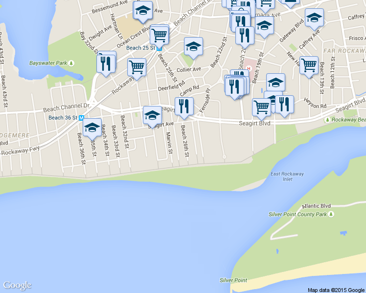 map of restaurants, bars, coffee shops, grocery stores, and more near 1-28 Beach 27th Street in Queens