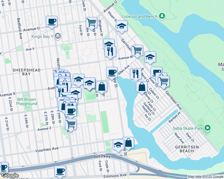 map of restaurants, bars, coffee shops, grocery stores, and more near 2463 Brigham Street in Brooklyn