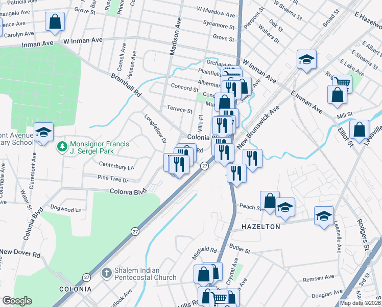 map of restaurants, bars, coffee shops, grocery stores, and more near 15 Prospect Lane in Woodbridge Township