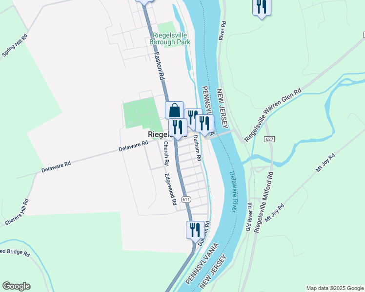 map of restaurants, bars, coffee shops, grocery stores, and more near 121 Cedar Road in Riegelsville