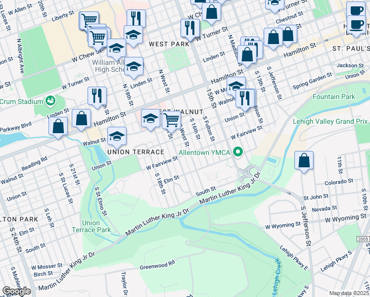 map of restaurants, bars, coffee shops, grocery stores, and more near 239 South 17th Street in Allentown