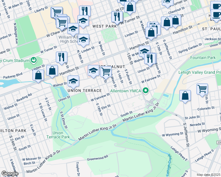 map of restaurants, bars, coffee shops, grocery stores, and more near 239 South 17th Street in Allentown