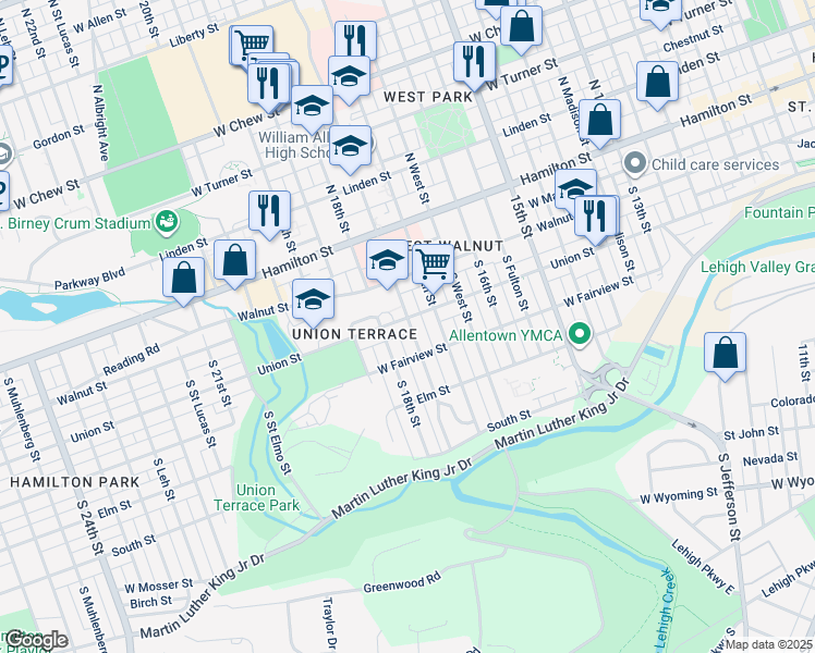 map of restaurants, bars, coffee shops, grocery stores, and more near 222 South Saint Cloud Street in Allentown