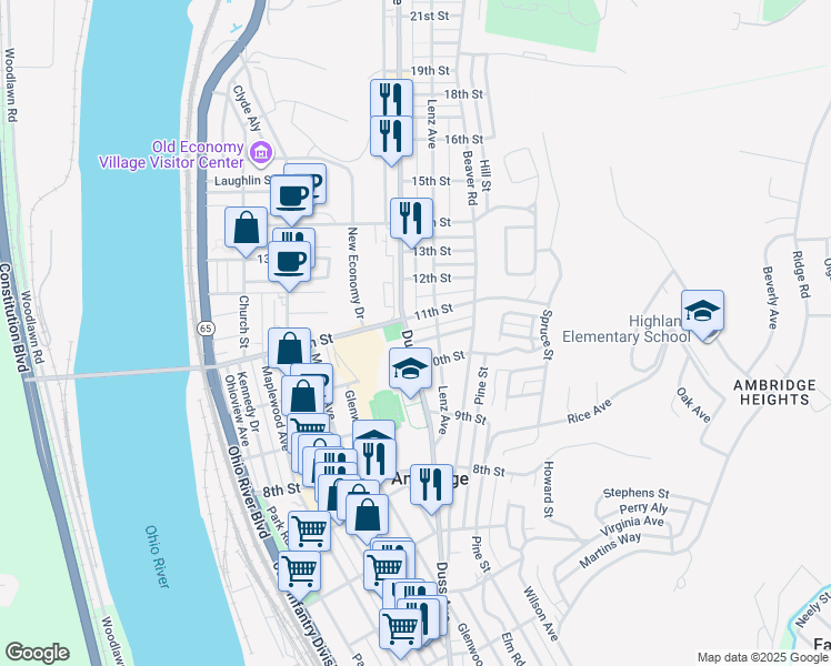 map of restaurants, bars, coffee shops, grocery stores, and more near 1020 Duss Avenue in Ambridge