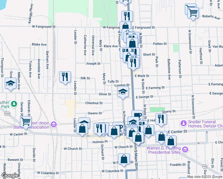 map of restaurants, bars, coffee shops, grocery stores, and more near 186 Silver Street in Marion
