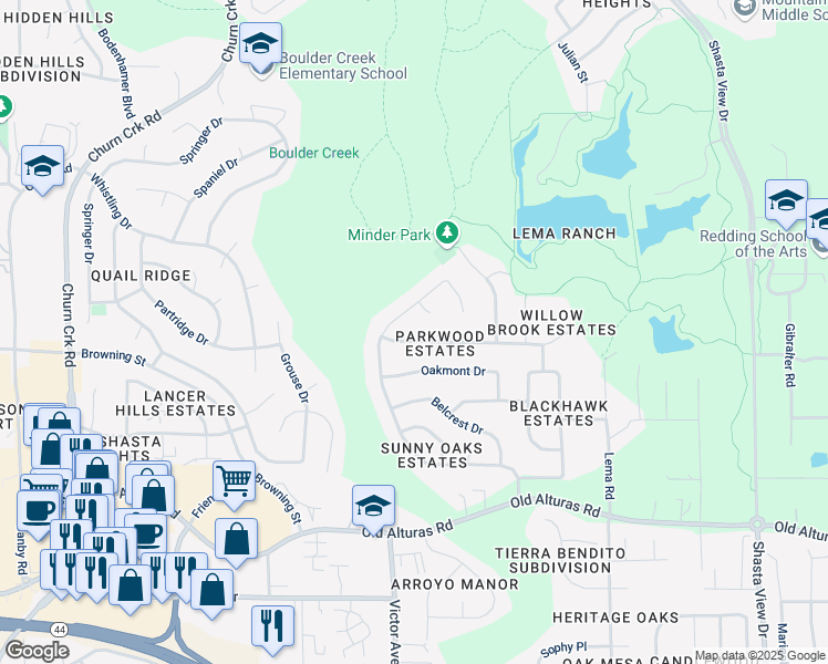 map of restaurants, bars, coffee shops, grocery stores, and more near 1851 Tiburon Drive in Redding