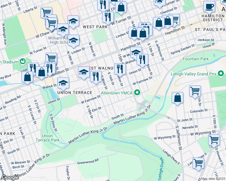 map of restaurants, bars, coffee shops, grocery stores, and more near 301 South West Street in Allentown