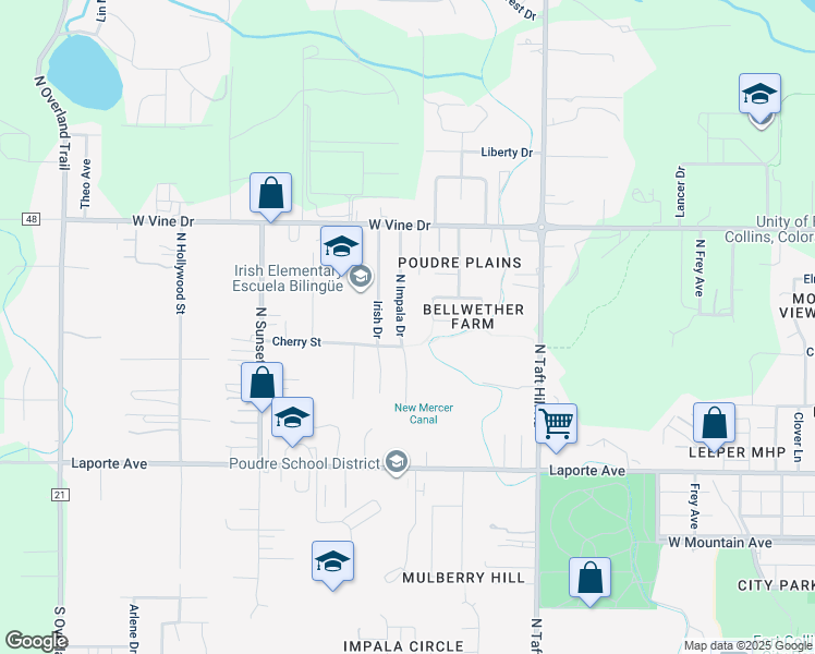 map of restaurants, bars, coffee shops, grocery stores, and more near 508 North Impala Drive in Fort Collins