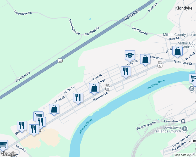 map of restaurants, bars, coffee shops, grocery stores, and more near 734 West 6th Street in Lewistown