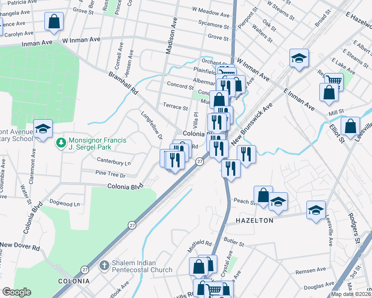 map of restaurants, bars, coffee shops, grocery stores, and more near 15 Prospect Lane in Woodbridge Township