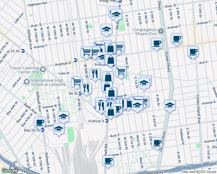 map of restaurants, bars, coffee shops, grocery stores, and more near 2416 McDonald Avenue in Brooklyn