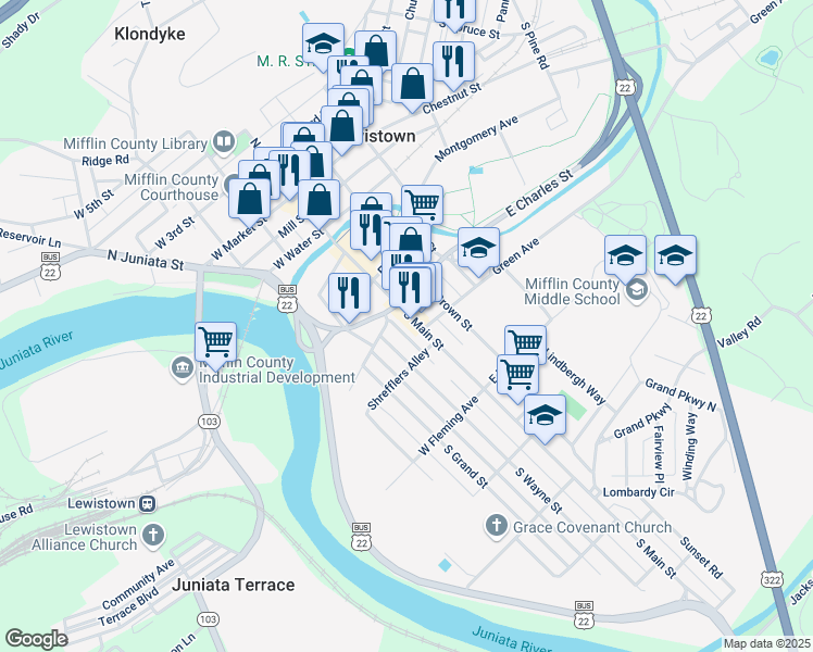 map of restaurants, bars, coffee shops, grocery stores, and more near 324 South Main Street in Lewistown