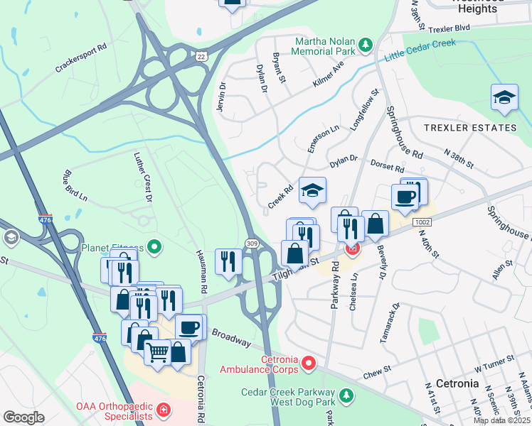 map of restaurants, bars, coffee shops, grocery stores, and more near 4360 Creek Road in Allentown