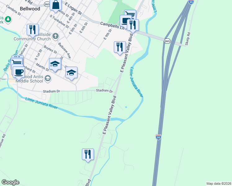 map of restaurants, bars, coffee shops, grocery stores, and more near 2873 East Pleasant Valley Boulevard in Altoona