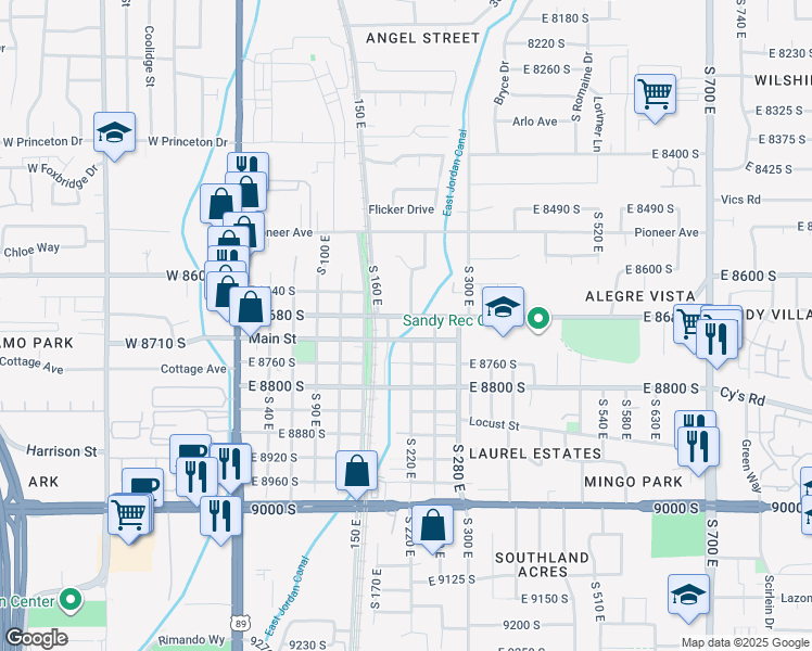 map of restaurants, bars, coffee shops, grocery stores, and more near 210 East 8680 South in Sandy