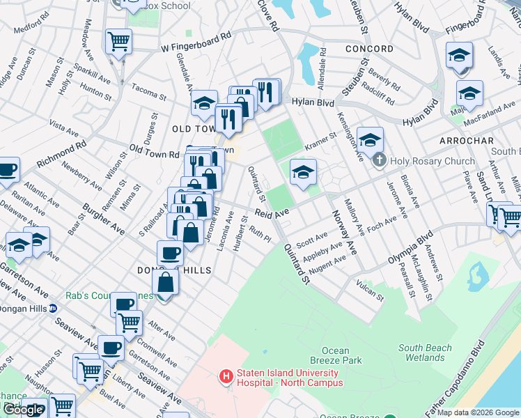 map of restaurants, bars, coffee shops, grocery stores, and more near 168 Hurlbert Street in Staten Island