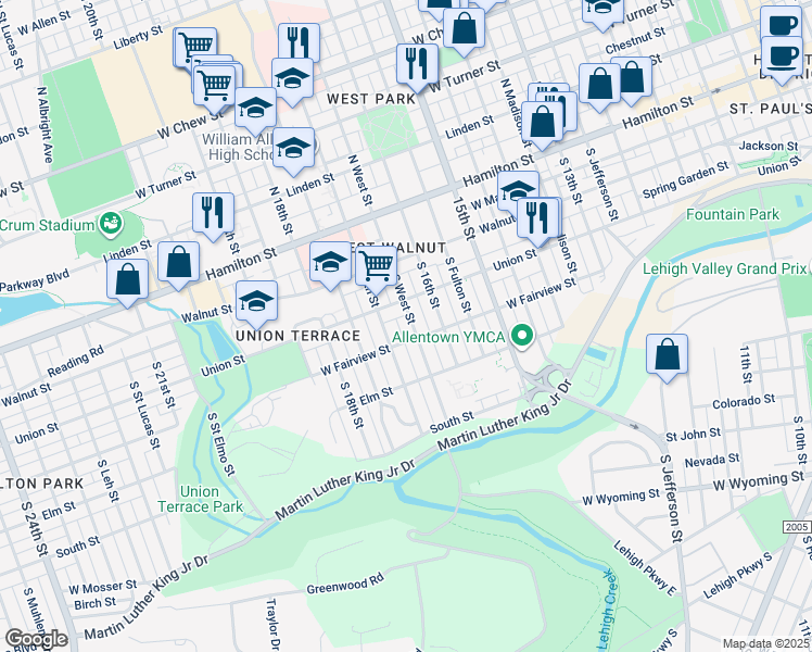 map of restaurants, bars, coffee shops, grocery stores, and more near 239 South 17th Street in Allentown