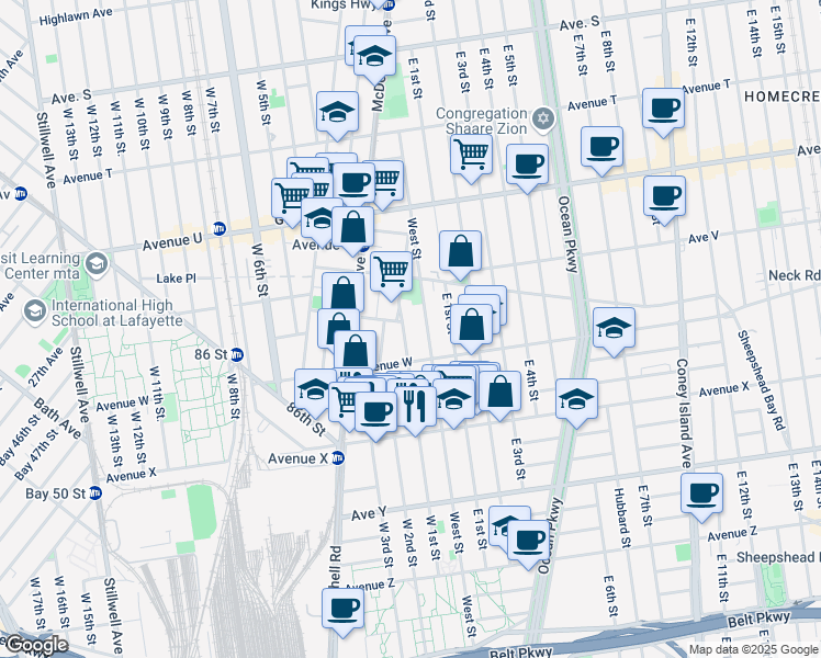 map of restaurants, bars, coffee shops, grocery stores, and more near 2286 West Street in Brooklyn