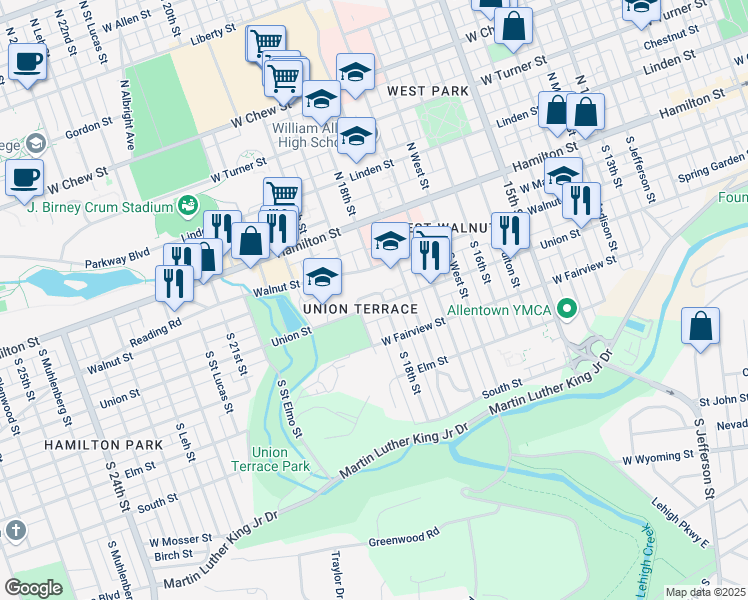 map of restaurants, bars, coffee shops, grocery stores, and more near 1814 Union Street in Allentown